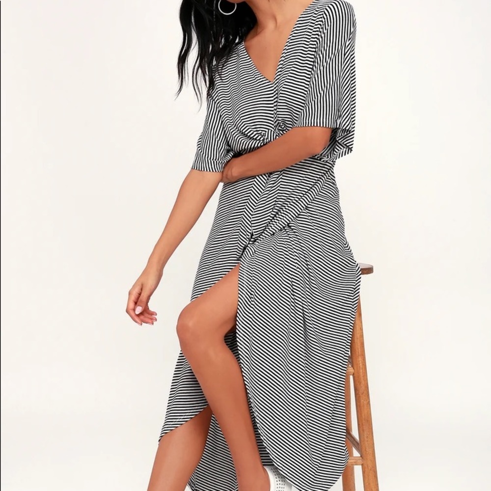 Lulu’s Teigen Black and White Striped Knotted Maxi Dress